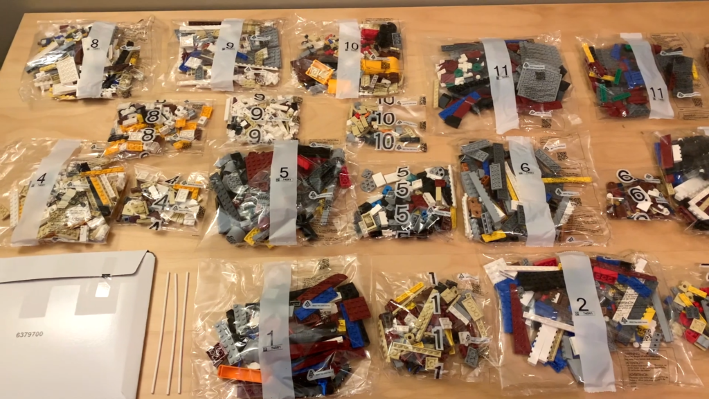 Image of LEGO Titanic 10294 bags spread out on a table.